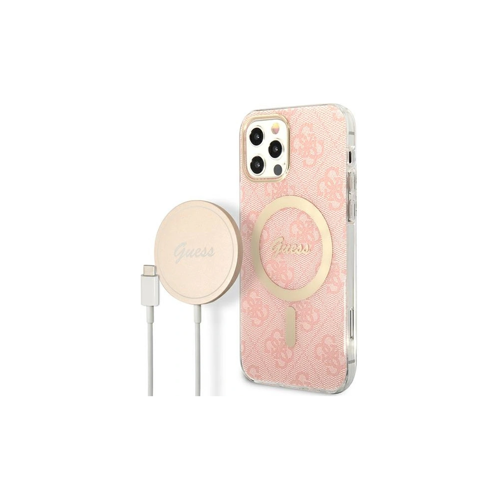 Hurtownia GSM - Zestaw Guess tok + vezeték nélküli töltő GUBPP12MH4EACSP Apple iPhone 12/12 Pro rózsaszín/pink kemény tok 4G Print MagSafe - GUE2283 - {ean13} - Hurt