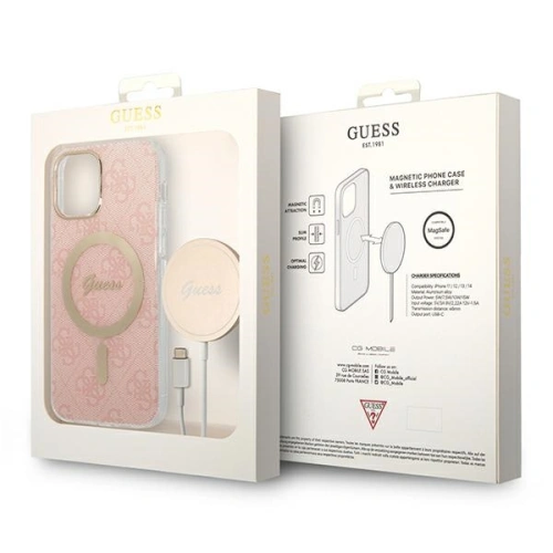 Zestaw Guess etui + ładowarka bezprzewodowa GUBPP12MH4EACSP Apple iPhone 12/12 Pro różowy/pink hard case 4G Print MagSafe