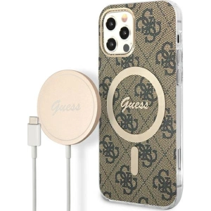 Hurtownia GSM - Sada Guess pouzdro + bezdrátová nabíječka GUBPP12MH4EACSW Apple iPhone 12/12 Pro hnědý/brown tvrdý obal 4G Print MagSafe - GUE2284 - {ean13} - Hurt