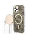 Zestaw Guess tok + vezeték nélküli töltő GUBPP12MH4EACSW Apple iPhone 12/12 Pro barna/brown kemény tok 4G Print MagSafe