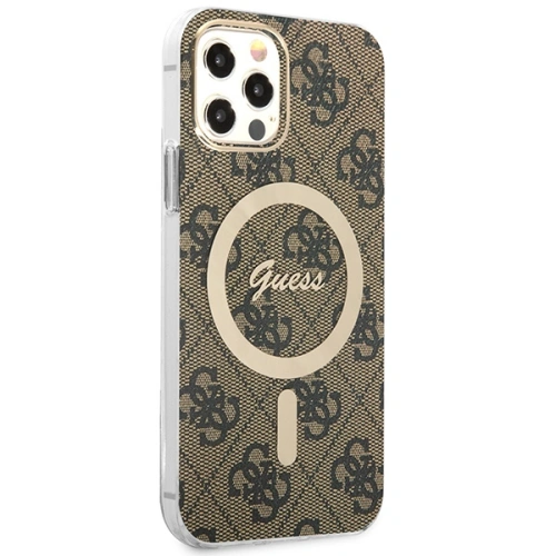 Zestaw Guess etui + ładowarka bezprzewodowa GUBPP12MH4EACSW Apple iPhone 12/12 Pro brązowy/brown hard case 4G Print MagSafe