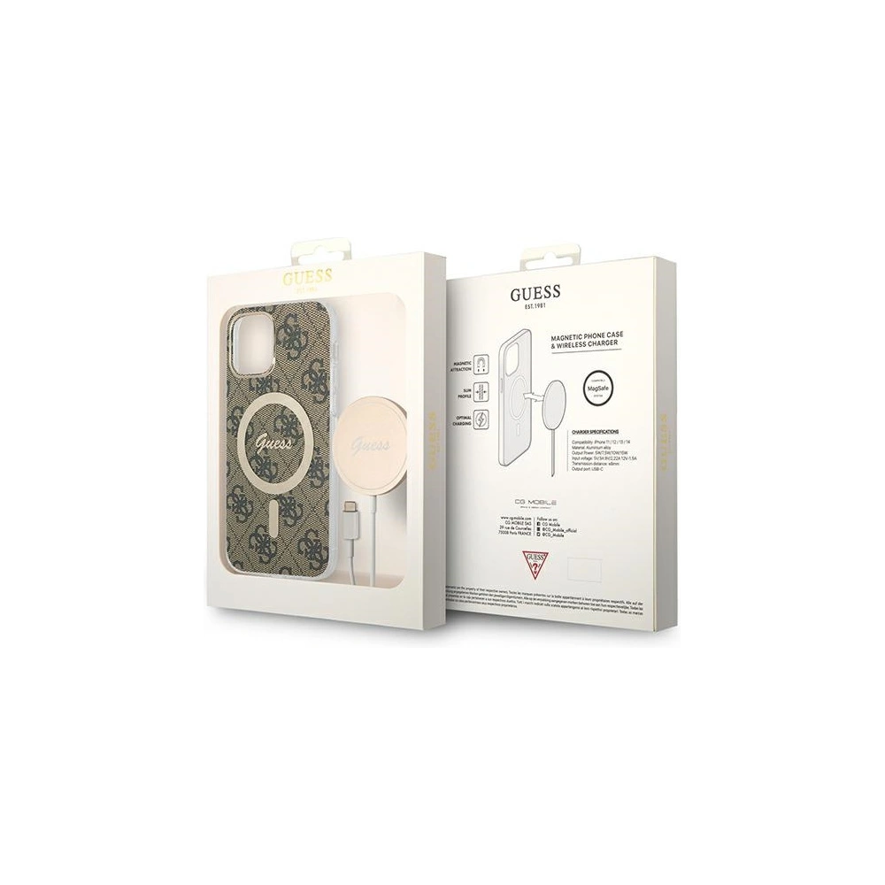 Hurtownia GSM - Zestaw Guess tok + vezeték nélküli töltő GUBPP12MH4EACSW Apple iPhone 12/12 Pro barna/brown kemény tok 4G Print MagSafe - GUE2284 - {ean13} - Hurt