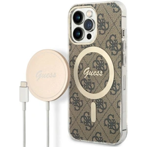 Zestaw Guess etui + ładowarka bezprzewodowa GUBPP13LH4EACSW Apple iPhone 13 Pro brązowy/brown hard case 4G Print MagSafe