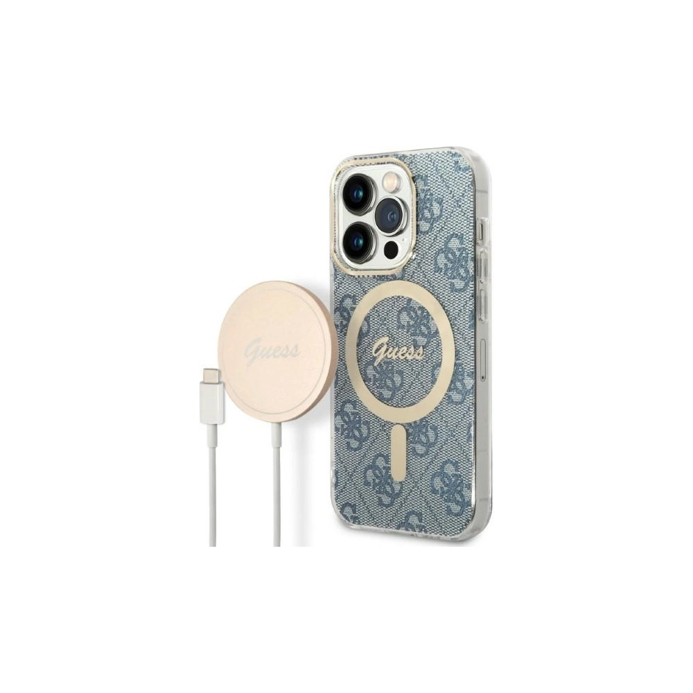 Hurtownia GSM - Sada Guess pouzdro + bezdrátová nabíječka GUBPP14LH4EACSB Apple iPhone 14 Pro modrá/blue hard case 4G Print MagSafe - GUE2291 - {ean13} - Hurt