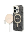 Set Guess husă + încărcător wireless GUBPP14LH4EACSK Apple iPhone 14 Pro negru/black hard case 4G Print MagSafe