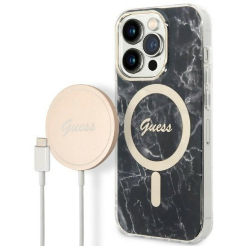 Guess Distributor - 3666339103132 - GUE2298 - Guess GUBPP14LHMEACSK Case + Wireless Charger Apple iPhone 14 Pro black hard case Marble MagSafe - B2B homescreen