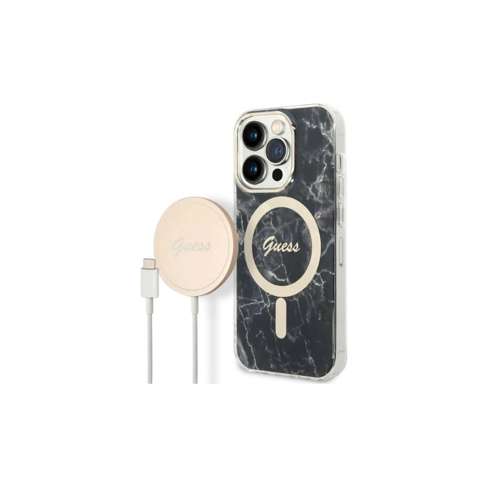 Hurtownia GSM - Set Guess Case + drahtloses Ladegerät GUBPP14LHMEACSK für Apple iPhone 14 Pro schwarz/hartes Gehäuse Marmor MagSafe - GUE2298 - {ean13} - Hurt