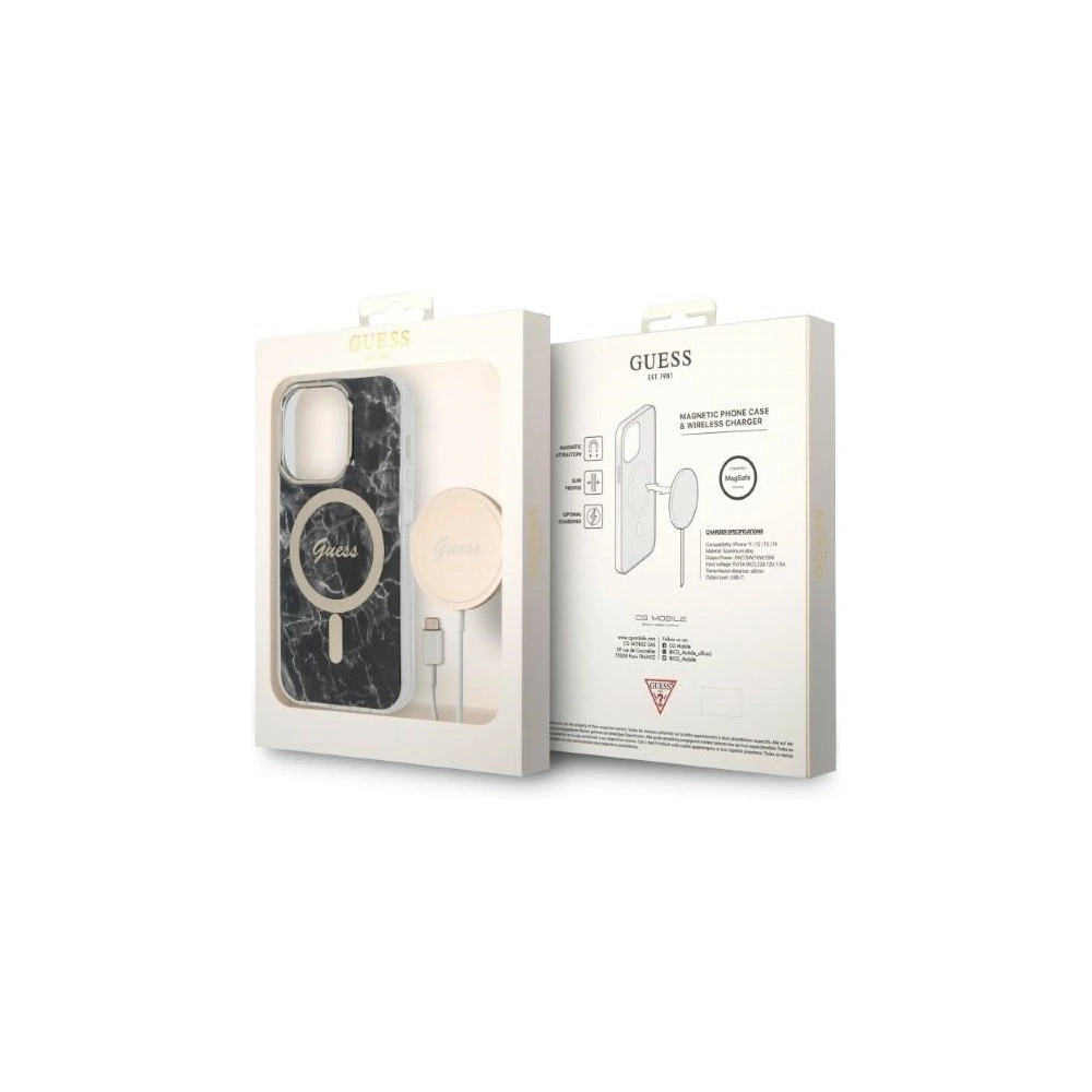 Hurtownia GSM - Zestaw Guess tok + vezeték nélküli töltő GUBPP14LHMEACSK Apple iPhone 14 Pro fekete/black kemény tok Marble MagSafe - GUE2298 - {ean13} - Hurt