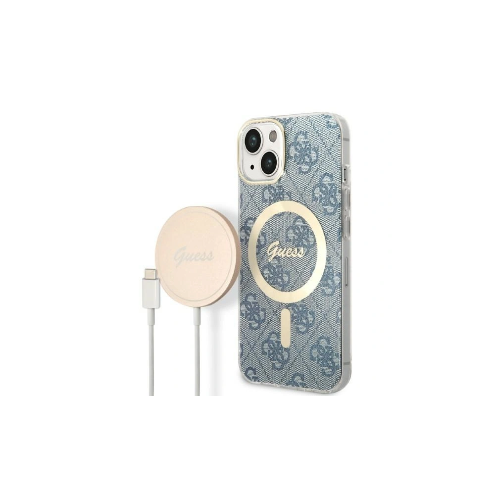 Set Guess husă + încărcător wireless GUBPP14MH4EACSB Apple iPhone 14 Plus / 15 Plus albastru/blue hard case 4G Print MagSafe