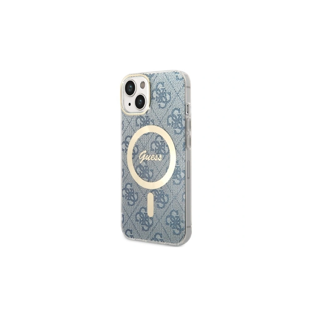 Set Guess husă + încărcător wireless GUBPP14MH4EACSB Apple iPhone 14 Plus / 15 Plus albastru/blue hard case 4G Print MagSafe