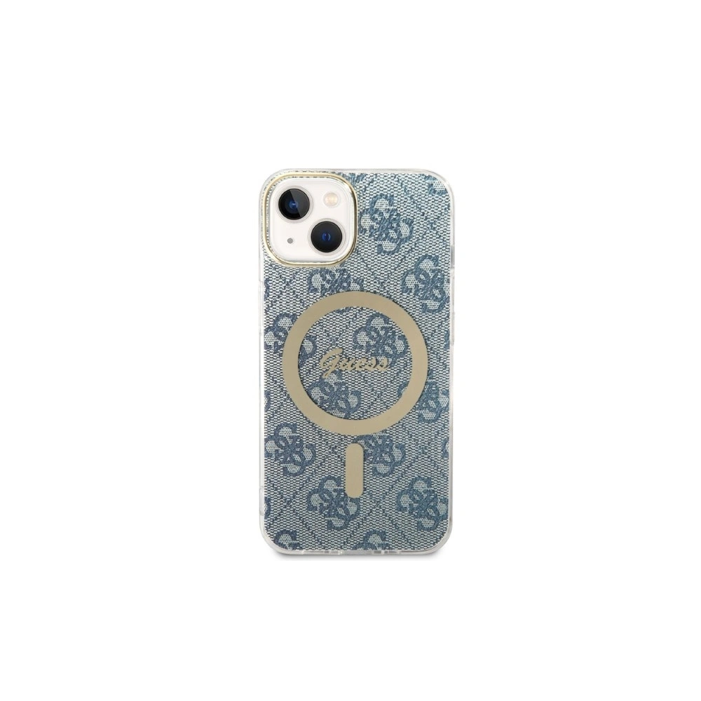 Set Guess husă + încărcător wireless GUBPP14MH4EACSB Apple iPhone 14 Plus / 15 Plus albastru/blue hard case 4G Print MagSafe
