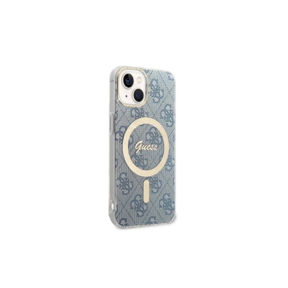 Set Guess husă + încărcător wireless GUBPP14MH4EACSB Apple iPhone 14 Plus / 15 Plus albastru/blue hard case 4G Print MagSafe