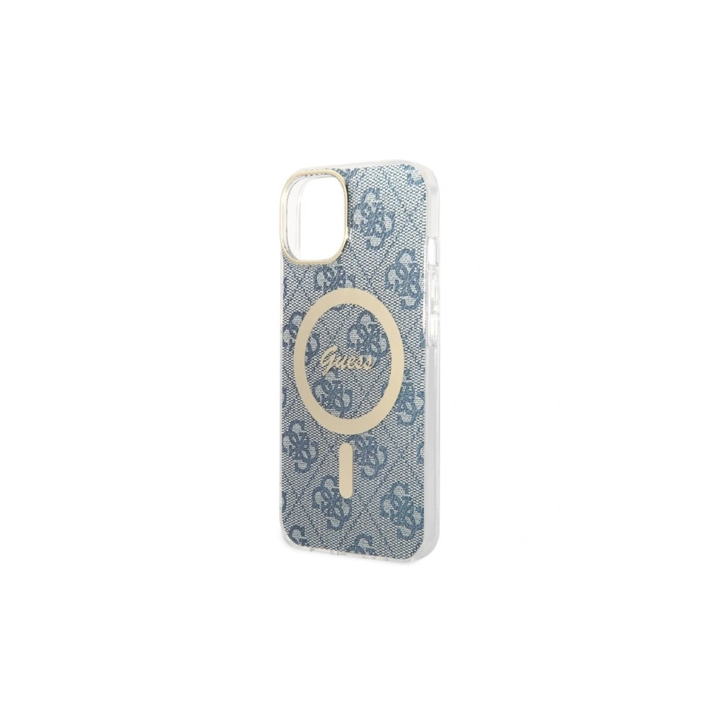 Set Guess husă + încărcător wireless GUBPP14MH4EACSB Apple iPhone 14 Plus / 15 Plus albastru/blue hard case 4G Print MagSafe