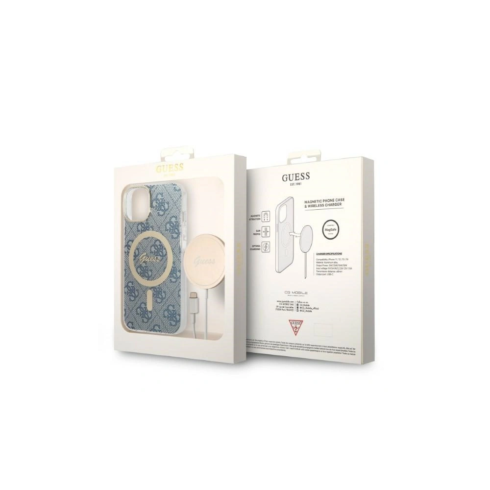 Set Guess husă + încărcător wireless GUBPP14MH4EACSB Apple iPhone 14 Plus / 15 Plus albastru/blue hard case 4G Print MagSafe