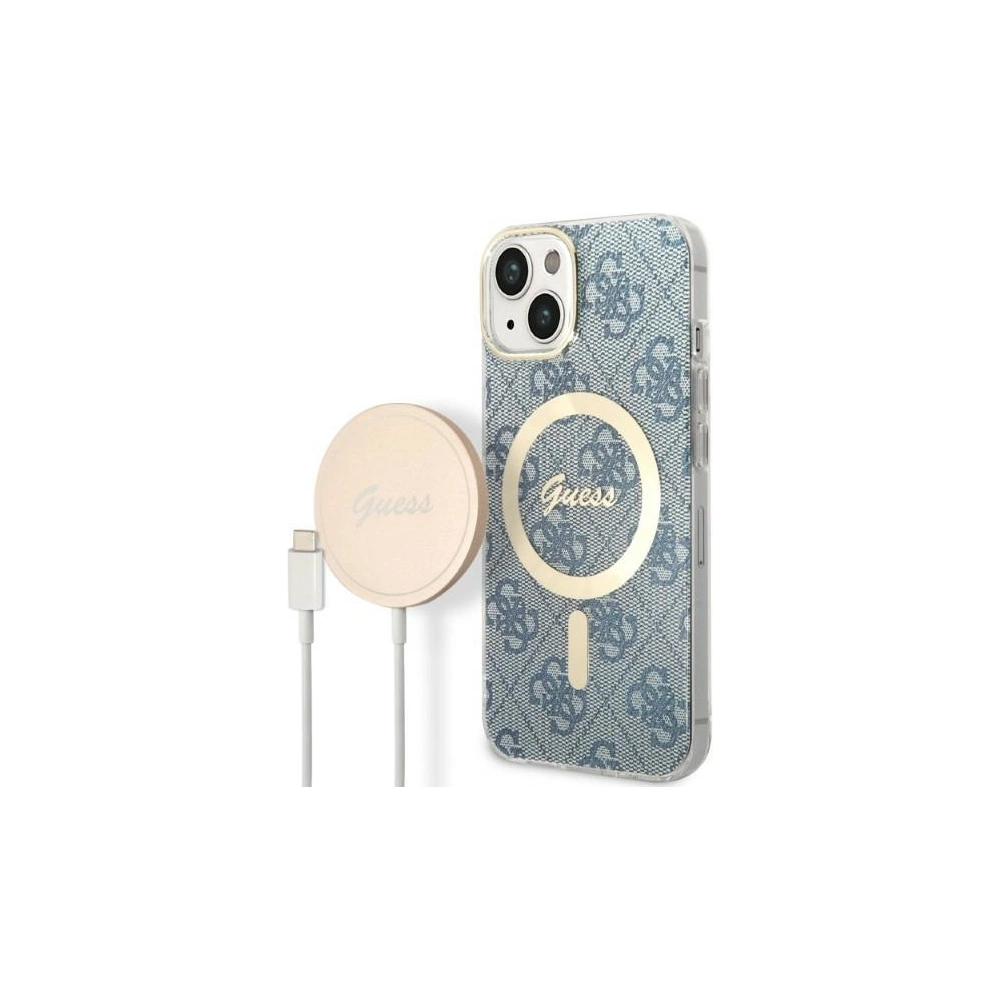 Hurtownia GSM - Set Guess pouzdro + bezdrátová nabíječka GUBPP14SH4EACSB Apple iPhone 14 modrá/blue hard case 4G Print MagSafe - GUE2305 - {ean13} - Hurt