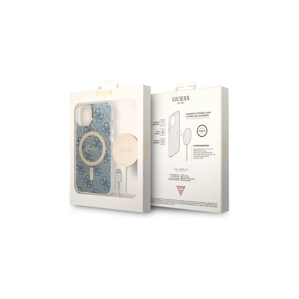 Hurtownia GSM - Set Guess pouzdro + bezdrátová nabíječka GUBPP14SH4EACSB Apple iPhone 14 modrá/blue hard case 4G Print MagSafe - GUE2305 - {ean13} - Hurt