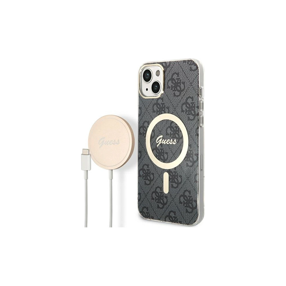 Hurtownia GSM - Sada Guess pouzdro + bezdrátová nabíječka GUBPP14SH4EACSK Apple iPhone 14 černá/black hard case 4G Print MagSafe - GUE2306 - {ean13} - Hurt