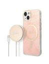 Set Guess husă + încărcător wireless GUBPP14SH4EACSP Apple iPhone 14 roz/pink hard case 4G Print MagSafe