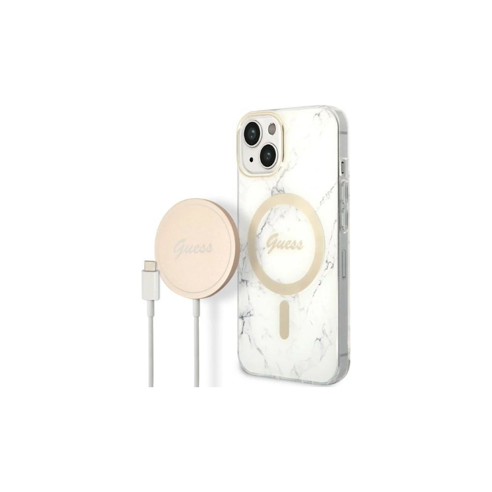 Hurtownia GSM - Sada Guess pouzdro + bezdrátová nabíječka GUBPP14SHMEACSH Apple iPhone 14 bílá/white hard case Marble MagSafe - GUE2309 - {ean13} - Hurt