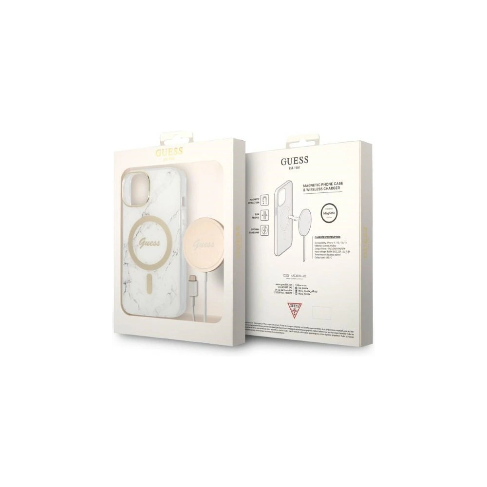 Hurtownia GSM - Set Guess husă + încărcător wireless GUBPP14SHMEACSH Apple iPhone 14 alb/white hard case Marble MagSafe - GUE2309 - {ean13} - Hurt