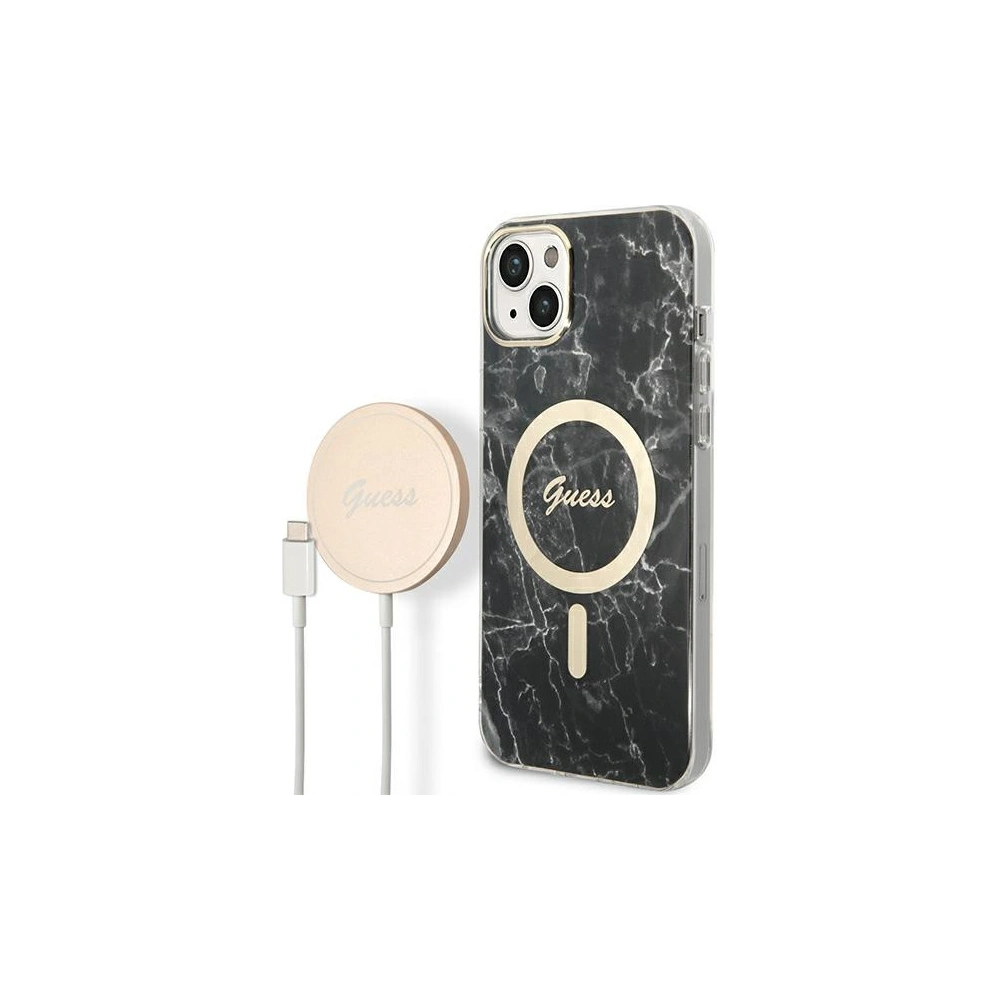 Hurtownia GSM - Zestaw Guess tok + vezeték nélküli töltő GUBPP14SHMEACSK Apple iPhone 14 fekete/black kemény tok Marble MagSafe - GUE2310 - {ean13} - Hurt