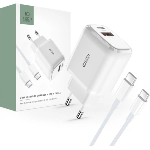 Netzteil Tech-Protect C20W 2-Port Netzwerk-Ladegerät PD 20W QC 3.0 + USB-C Kabel Weiß