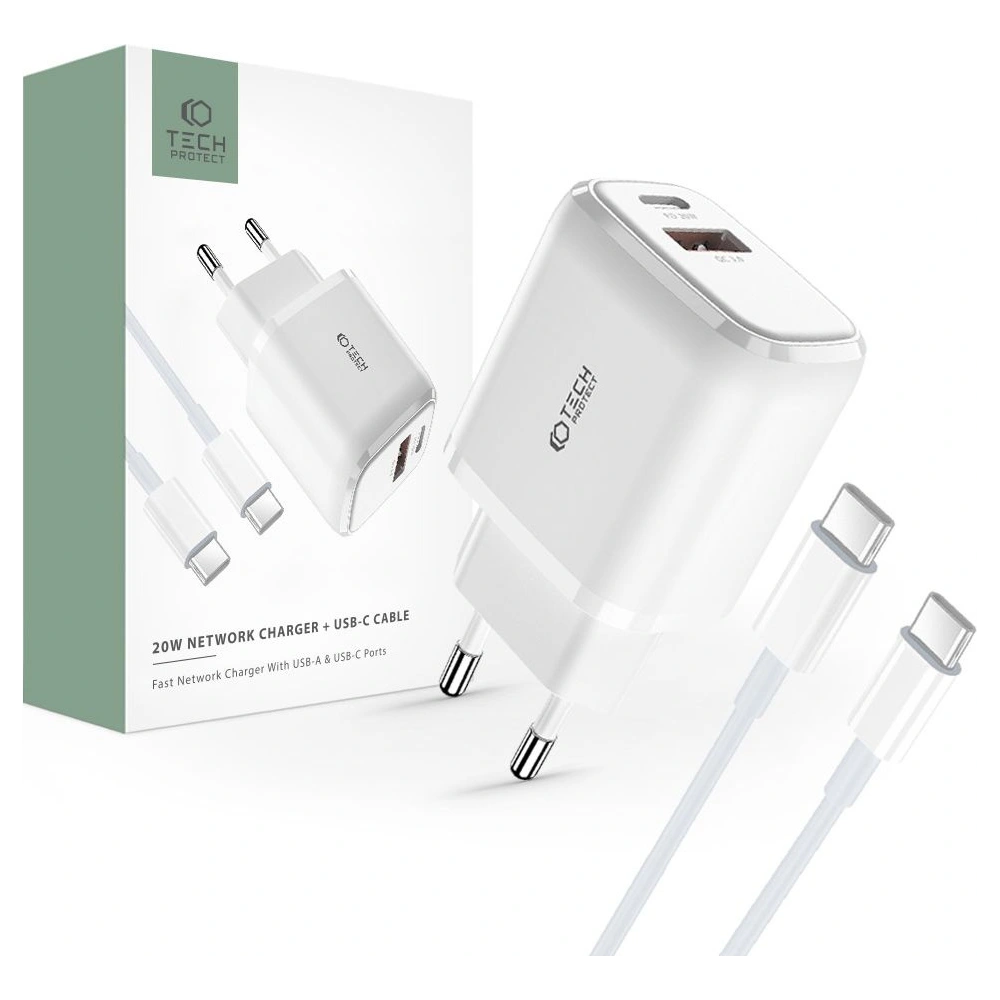 Hurtownia GSM - Încărcător de rețea Tech-Protect C20W Încărcător de rețea cu 2 porturi PD 20W QC 3.0 + Cablu USB-C Alb - THP1621 - {ean13} - Hurt