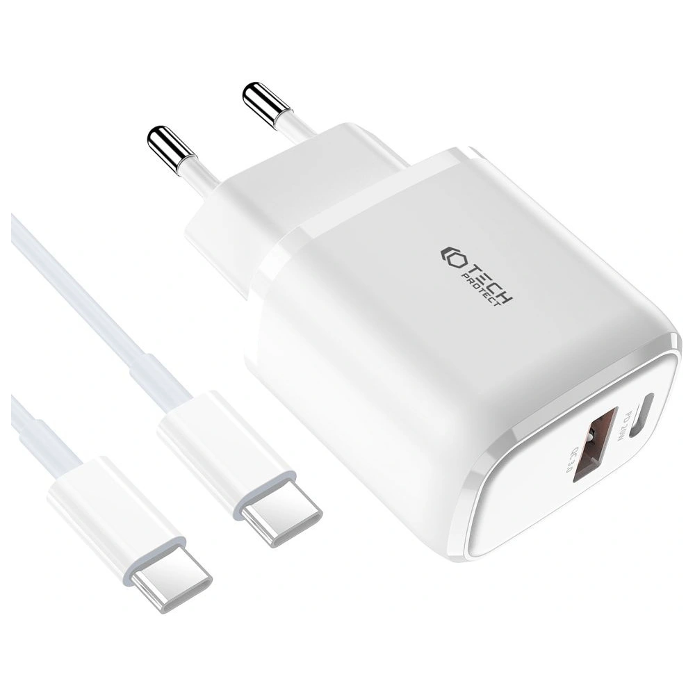 Hurtownia GSM - Încărcător de rețea Tech-Protect C20W Încărcător de rețea cu 2 porturi PD 20W QC 3.0 + Cablu USB-C Alb - THP1621 - {ean13} - Hurt