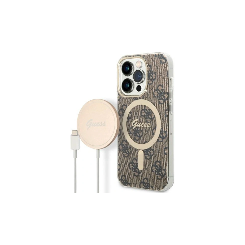 Hurtownia GSM - Set Guess husă + încărcător wireless GUBPP14XH4EACSW Apple iPhone 14 Pro Max maro/brown hard case 4G Print MagSafe - GUE2314 - {ean13} - Hurt