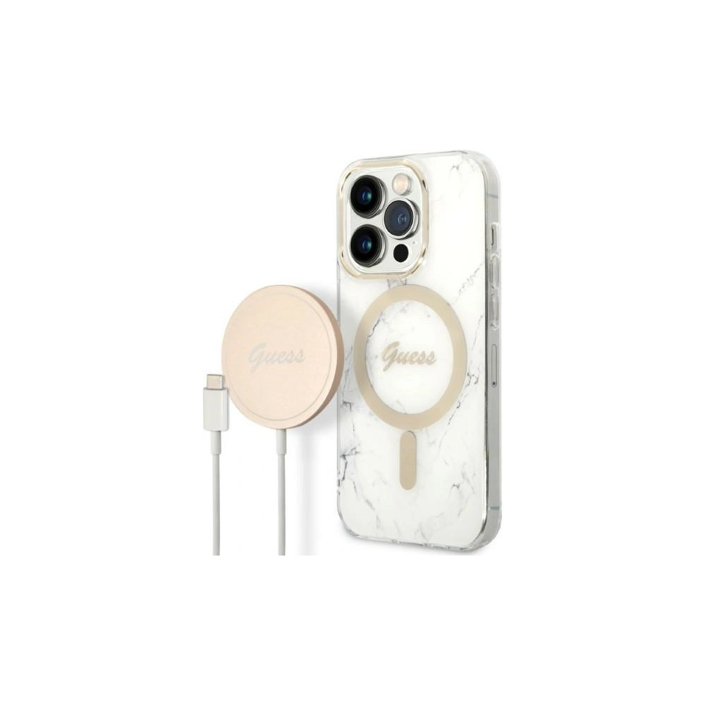 Hurtownia GSM - Set Guess husă + încărcător wireless GUBPP14XHMEACSH Apple iPhone 14 Pro Max alb/white hard case Marble MagSafe - GUE2317 - {ean13} - Hurt