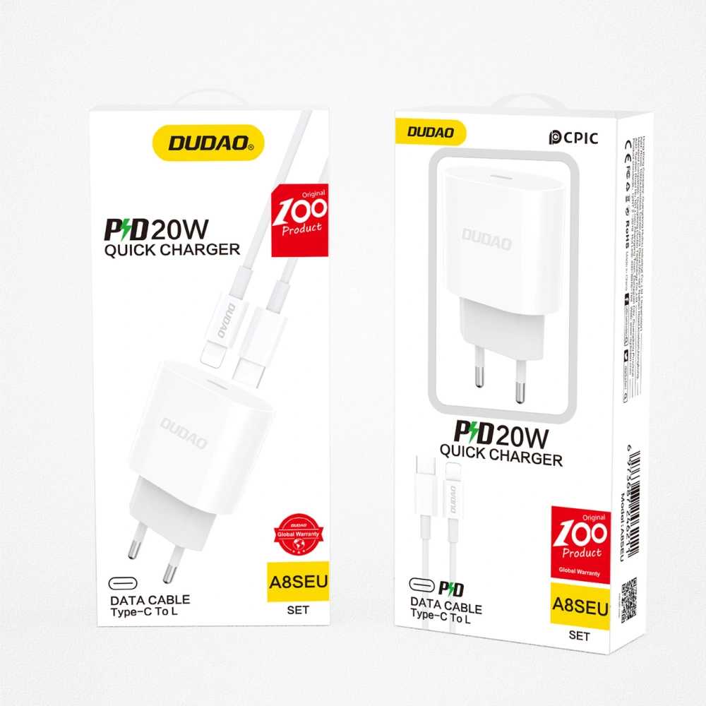 Hurtownia GSM - Încărcător de rețea Dudao USB-C Power Delivery 20W alb + cablu USB-C - Lightning 1m (A8SEU) - DDA236 - {ean13} - Hurt
