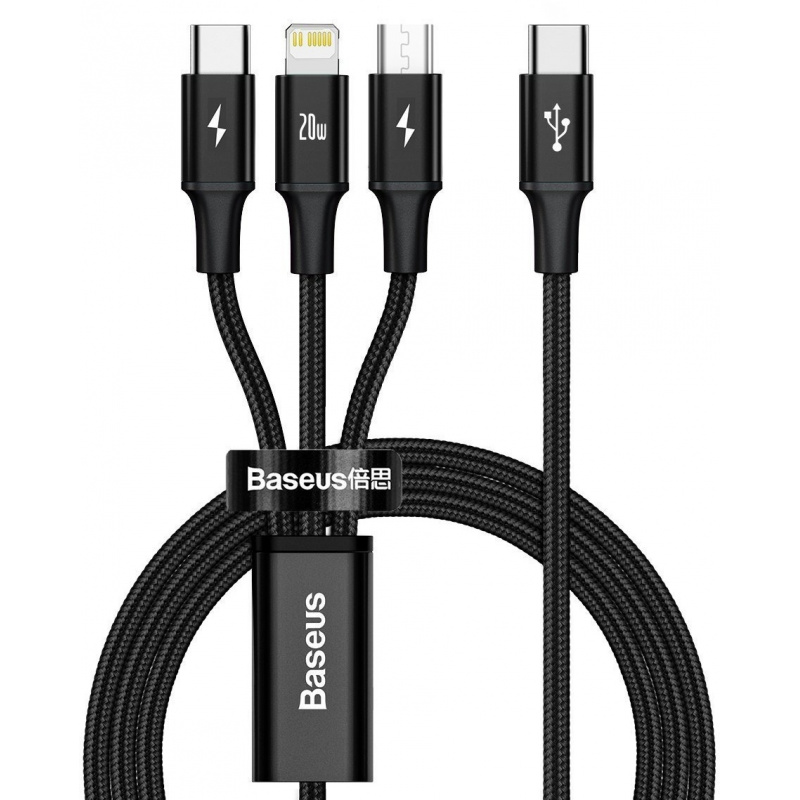 Hurtownia Baseus - 6953156204294 - OT-390 - [OUTLET] Kabel USB-C 3w1 Baseus Rapid Series, micro USB / Lightning / USB-C, 20W, 1,5m (czarny) - B2B homescreen