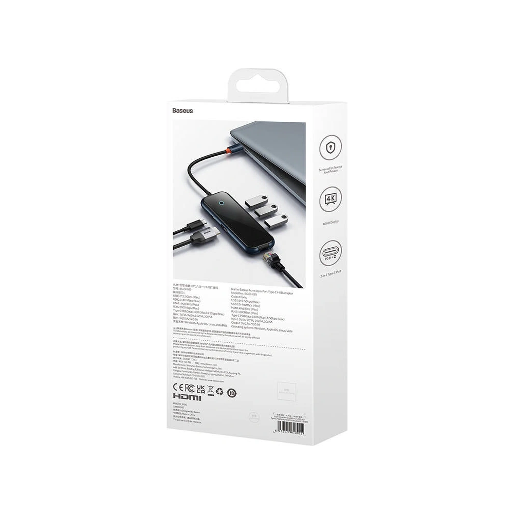 Hurtownia GSM - Hub 6w1 Baseus AcmeJoy Series USB-C - 2xUSB 3.0 + USB 2.0 + USB-C PD + HDMI + RJ45 (grau) - BSU3720 - {ean13} - Hurt