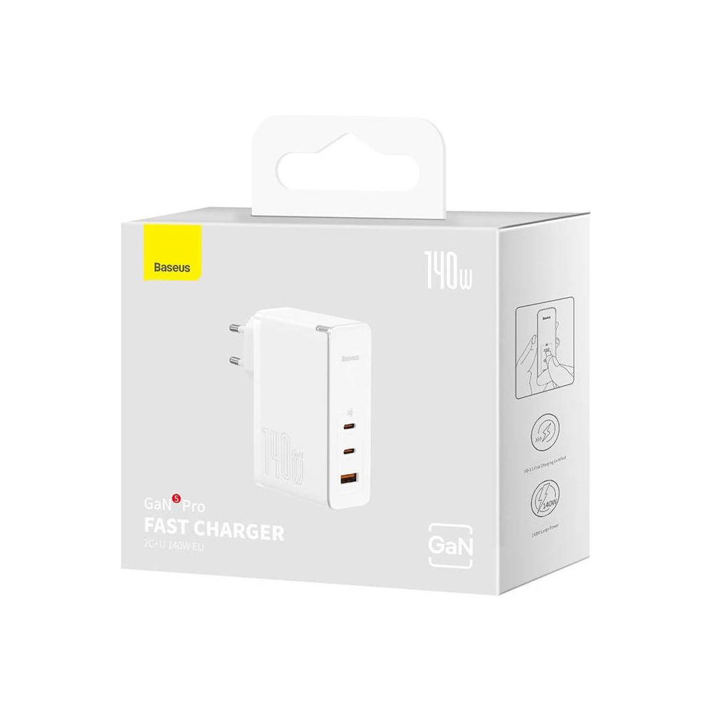 Hurtownia GSM - Ładowarka sieciowa Baseus GaN5 Pro 2xUSB-C + USB, 140W (biała) - BSU3808 - {ean13} - Hurt