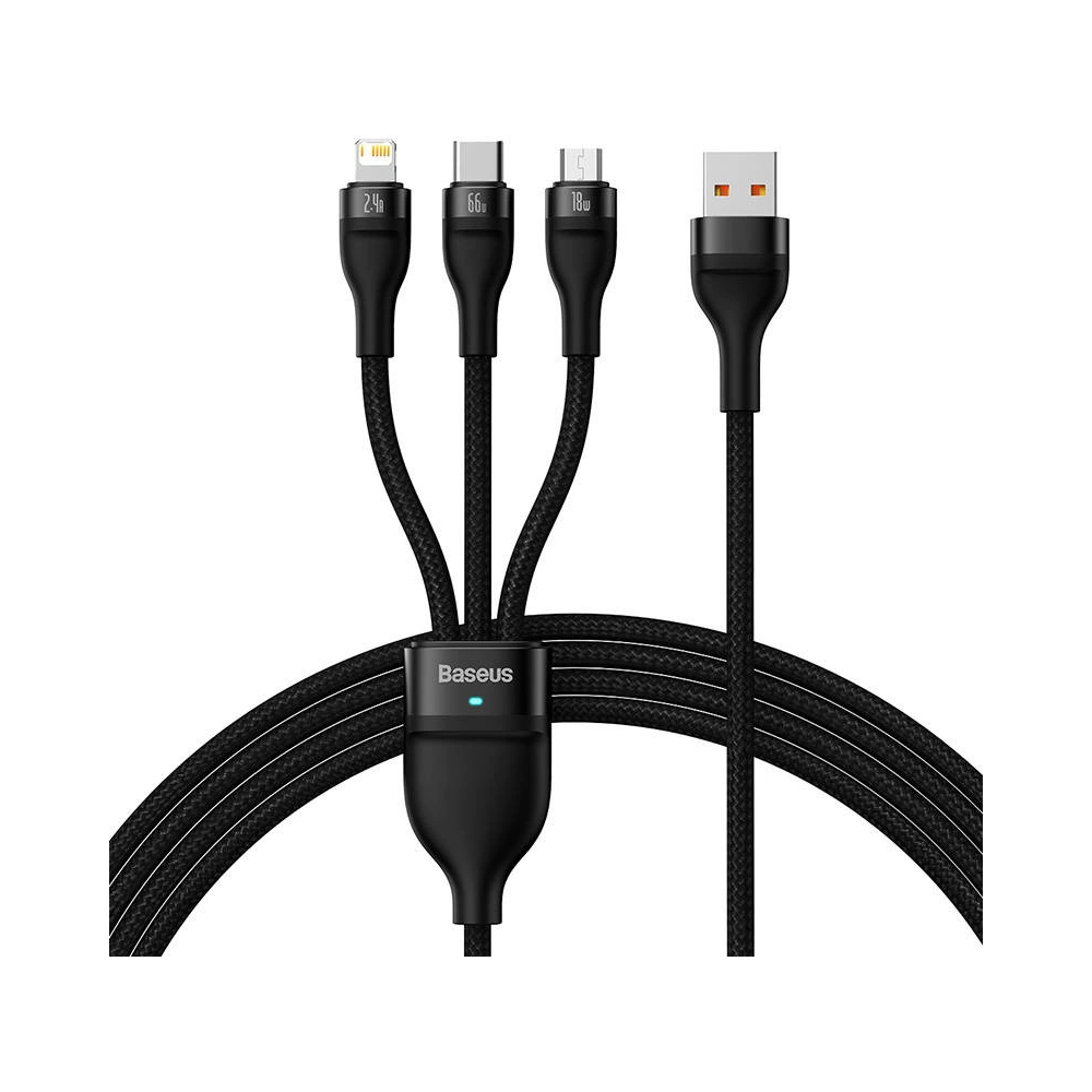 Hurtownia GSM - USB kábel 3w1 Baseus Flash II, USB-C + micro USB + Lightning, 66W, 1.2m (fekete) - BSU3810 - {ean13} - Hurt