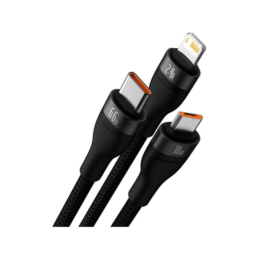 Hurtownia GSM - USB kábel 3w1 Baseus Flash II, USB-C + micro USB + Lightning, 66W, 1.2m (fekete) - BSU3810 - {ean13} - Hurt
