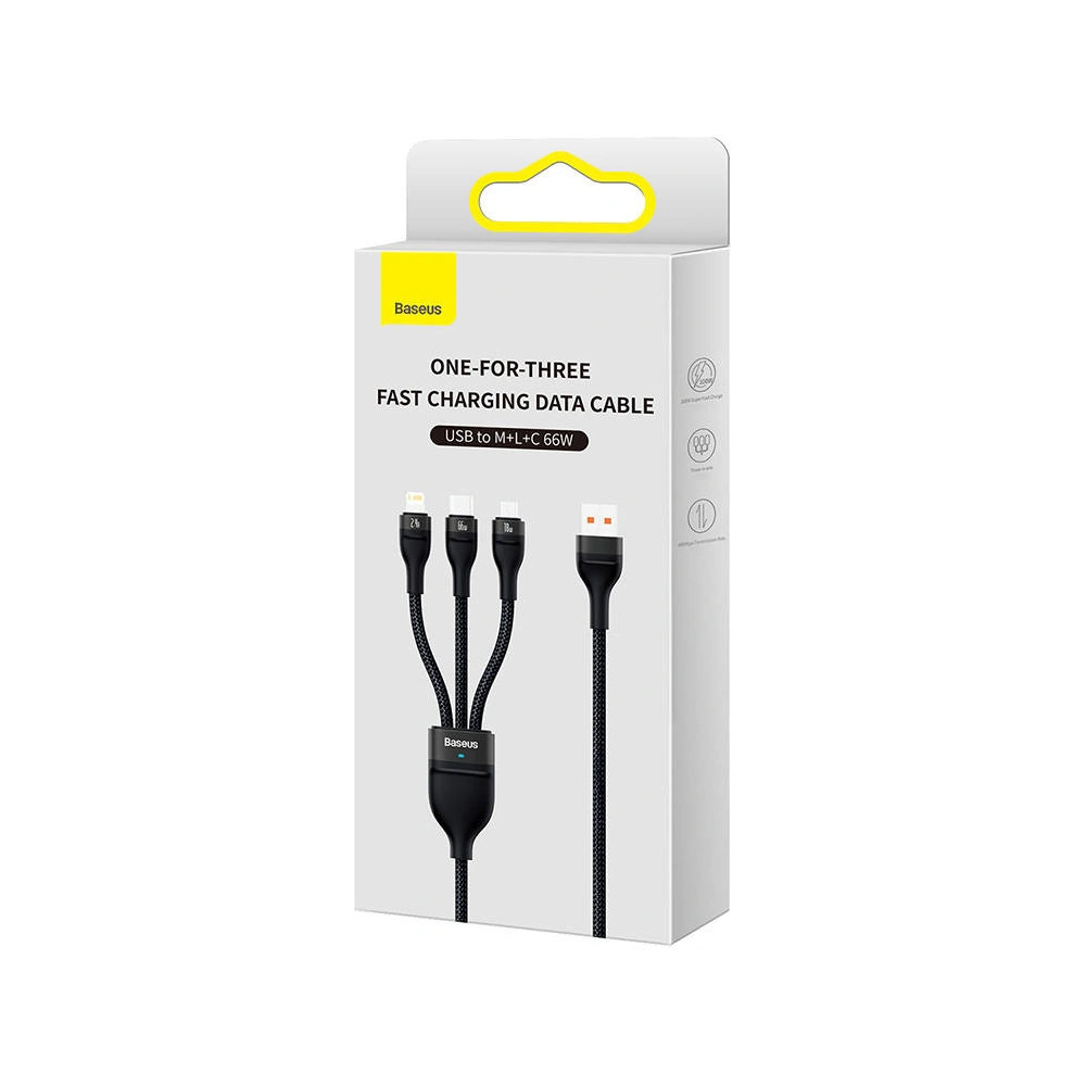 Hurtownia GSM - USB kábel 3w1 Baseus Flash II, USB-C + micro USB + Lightning, 66W, 1.2m (fekete) - BSU3810 - {ean13} - Hurt