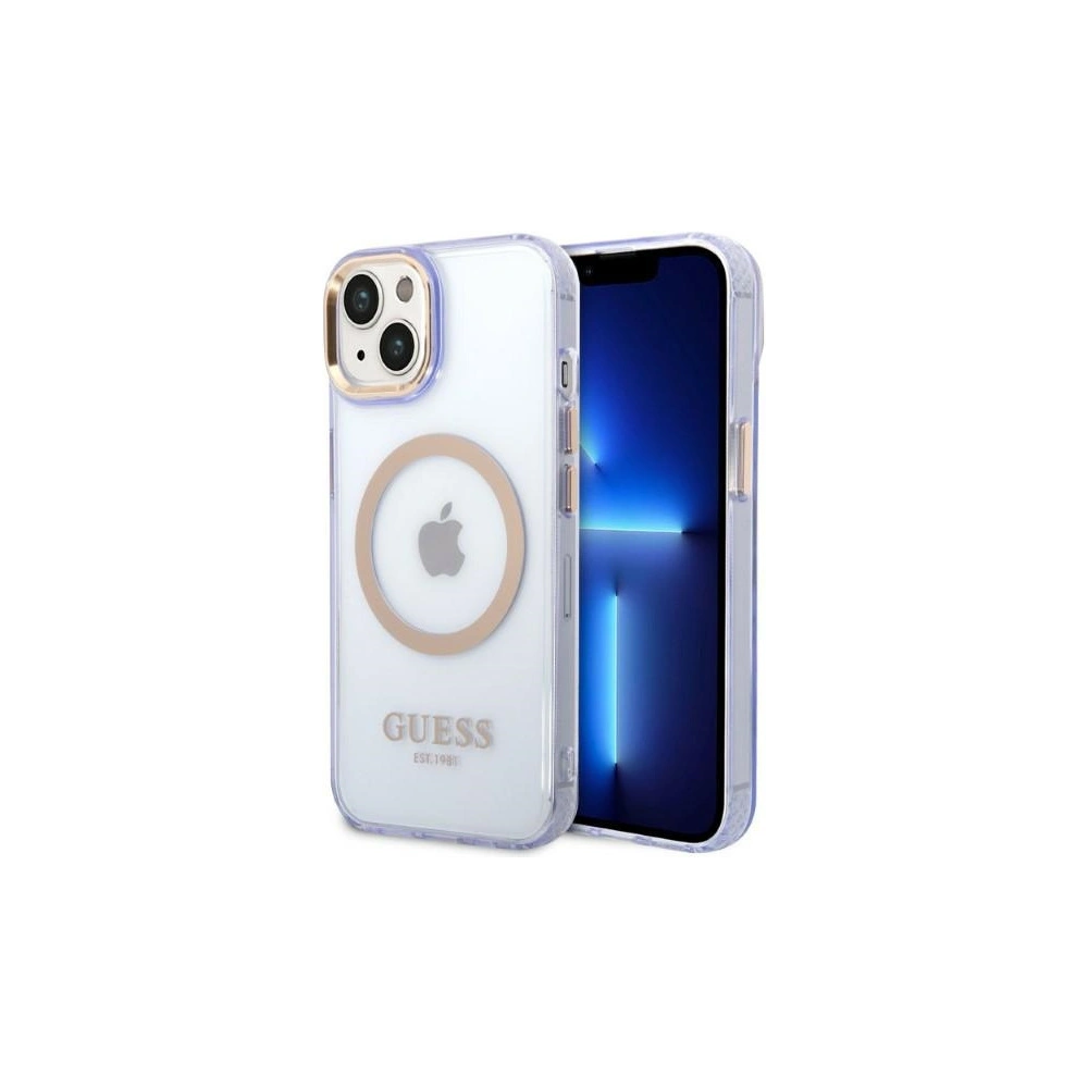 Hurtownia GSM - Etui Guess GUHMP14SHTCMU Apple iPhone 14 purpurové/purple tvrdé pouzdro zlatý okraj průhledné MagSafe - GUE2321 - {ean13} - Hurt