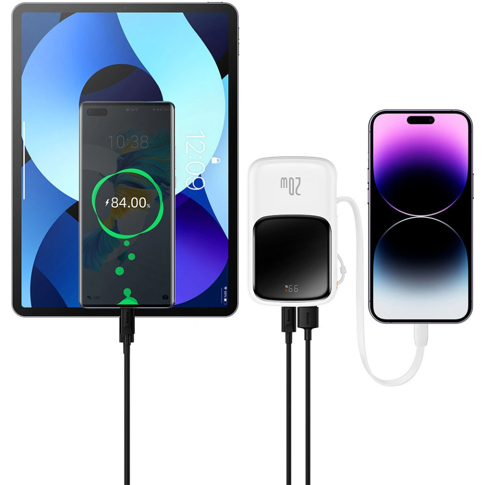 Wholesale Baseus Qpow Digital Display Power Bank with Fast Charging 10000mAh 20W QC/PD/SCP/FCP with Built-in Lightning Cable White - BSU3860 - {ean13} - Hurt