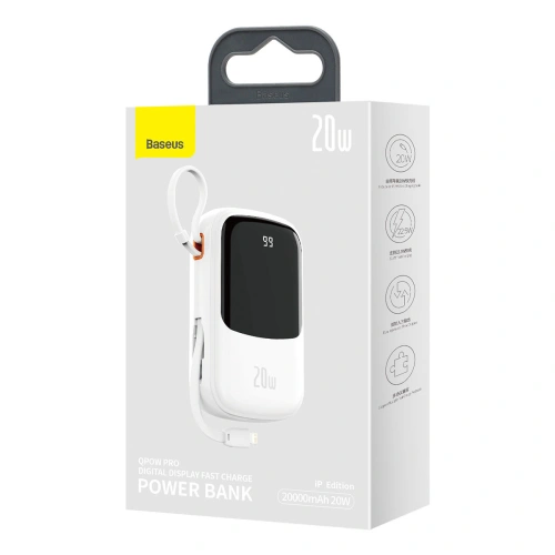 Powerbank Baseus Qpow Digital Display 20000mAh 20W QC/PD/SCP/FCP + kabel Lightning biały