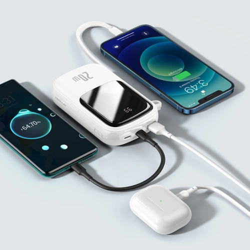 Powerbank Baseus Qpow Digital Display 20000mAh 20W QC/PD/SCP/FCP + kabel Lightning biały