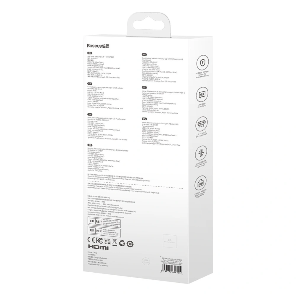 Hurtownia GSM - Hub Baseus AcmeJoy USB-C - HDMI / 2x USB-A 3.0/USB-A 2.0 /USB-C PD&Data/RJ45/SD/TF tmavě šedý - BSU3869 - {ean13} - Hurt