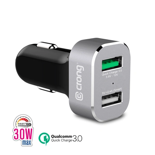 Ładowarka samochodowa Crong Power Car Charger 30W USB QuickCharge 3.0 + USB 2.4A (aluminium)