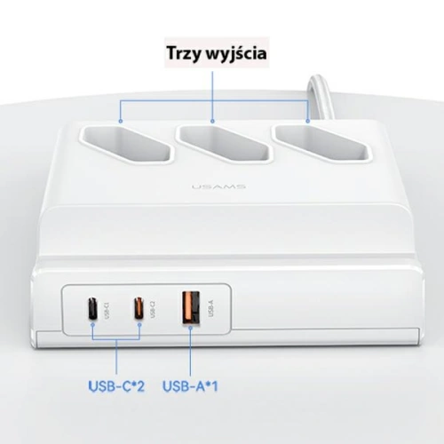 Listwa zasilająca USAMS USB Extension Socket 65W Super Si Fast Charging biały/white CC160TC01 (US-CC160)