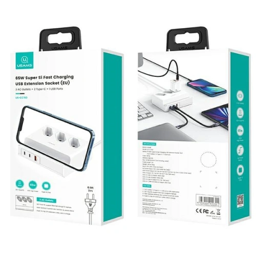 Listwa zasilająca USAMS USB Extension Socket 65W Super Si Fast Charging biały/white CC160TC01 (US-CC160)