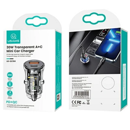 Ładowarka samochodowa USAMS C32 1xUSB+1xUSB-C 30W Fast Charge czarny/black (US-CC164)