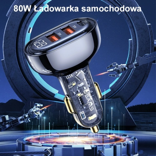 Ładowarka samochodowa USAMS 2xUSB+1xUSB-C 80W Fast Charge czarny/black (US-CC159)