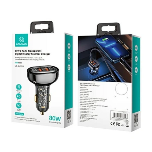 Ładowarka samochodowa USAMS 2xUSB+1xUSB-C 80W Fast Charge czarny/black (US-CC159)