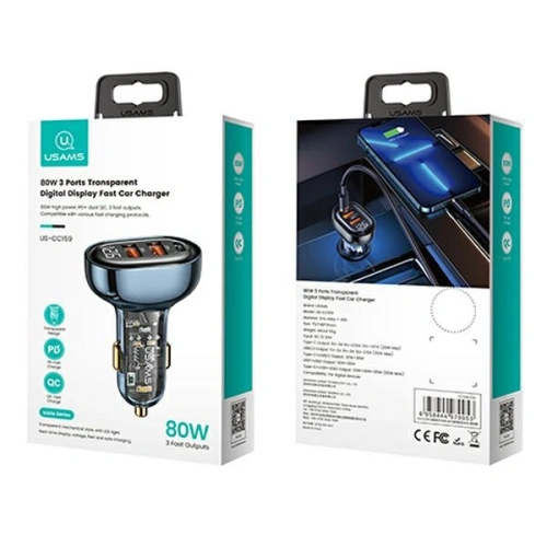 Ładowarka samochodowa USAMS 2xUSB+1xUSB-C 80W Fast Charge niebieski/blue (US-CC159)