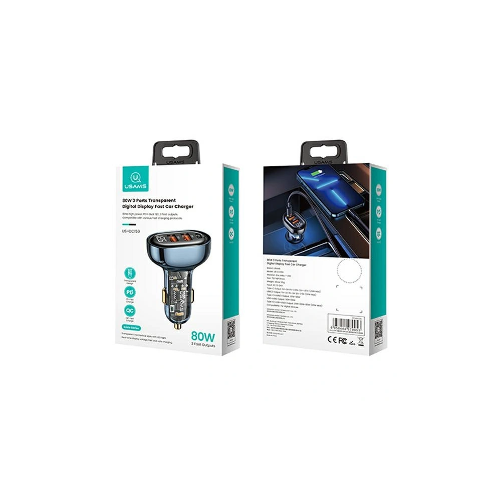 Wholesale USAMS Car Charger 2xUSB+1xUSB-C 80W Fast Charge blue (US-CC159) - USA859 - {ean13} - Hurt